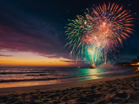 Beautiful colorful fireworks on the beach at Hua Hin, Thailand.の素材