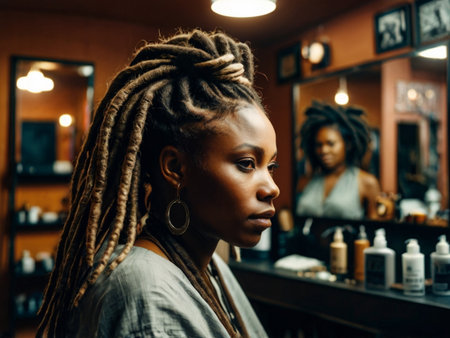 Beautiful african american woman with dreadlocks hairstyle at barbershop.の素材