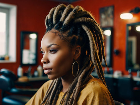 Beautiful african american woman with dreadlocks hairstyle at barber shop.の素材