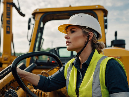 Side view of female construction worker in hardhat and reflective vest driving excavatorの素材