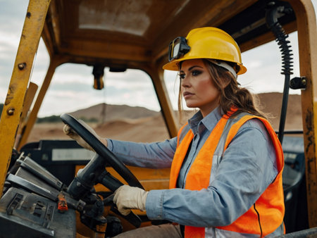 Female construction worker driving a bulldozer at a construction site. Industrial background.の素材
