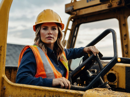 Portrait of a female construction worker on a construction site, wearing a hardhat.の素材