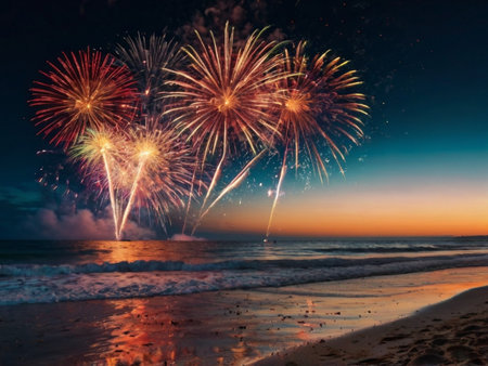 Colorful fireworks of various colors over the sea at Hua Hin beach, Thailandの素材