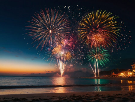 Colorful fireworks of various colors over the sea and beach at nightの素材