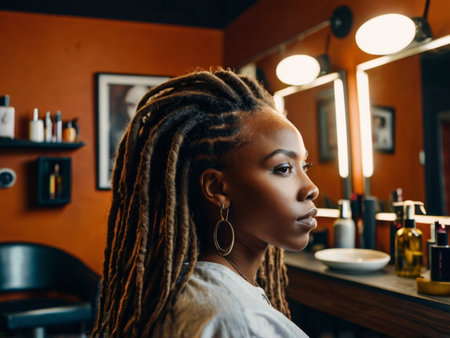 Beautiful african american woman with dreadlocks hairstyle at barbershop.の素材