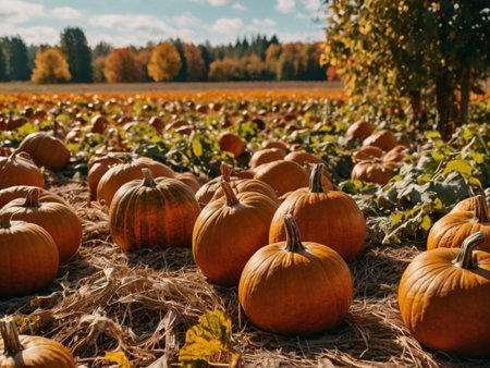 Pumpkin patch on sunny Autumn day. Seasonal natural background.の素材