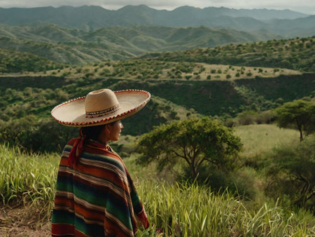 A woman in a Mexican shirt and a straw hat sits on a hill and looks at the horizon.の素材