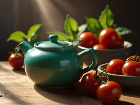 Cherry tomatoes and mint leaves in a teapot on a wooden tableの素材