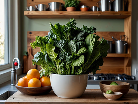 Fresh green spinach and oranges in a bowl on a wooden table in the kitchenの素材