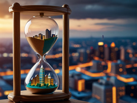 Hourglass with a miniature city inside. Time is passing concept.の素材
