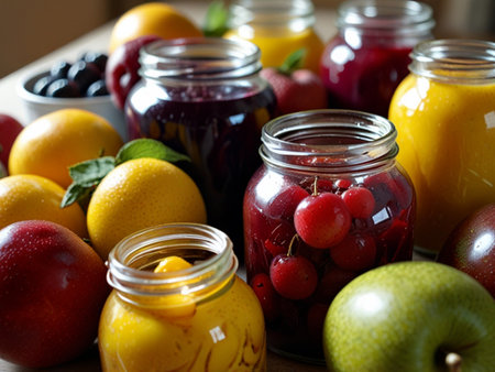 Jars with different jams and fresh fruits on wooden table, closeupの素材