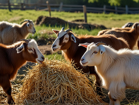 Herd of goats eating hay on a meadow in sunny dayの素材