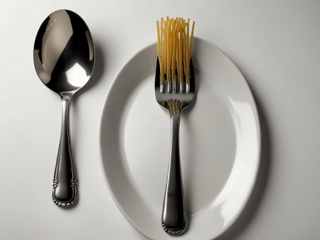 Spaghetti on plate with spoon and fork on white background, top viewの素材