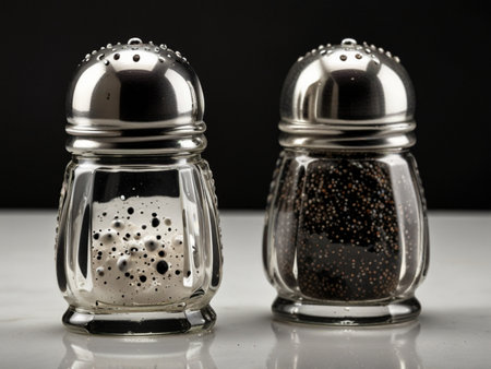 Salt and pepper shakers on a black background. Shallow depth of field.の素材