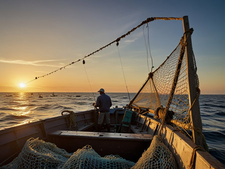 Fisherman on the boat in the sea at sunset, fishingの素材
