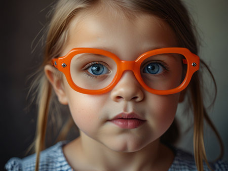 Portrait of a cute little girl in orange glasses on a dark backgroundの素材
