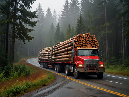 Truck carrying logs on the road in the foggy forest.の素材