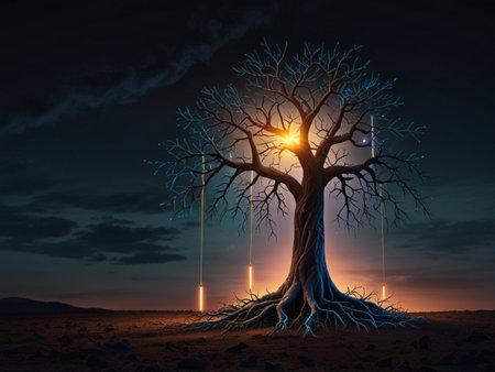 Conceptual image with bare tree at night. 3d renderingの素材