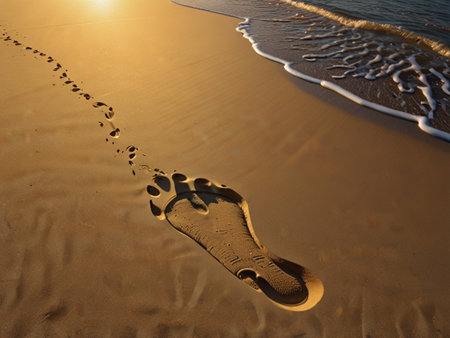 Footprints in the sand of a beach, closeup of photoの素材