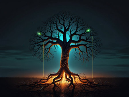 Illustration of a magical tree with glowing roots on a dark backgroundの素材