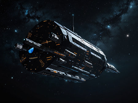 Space ship in deep space. Futuristic spaceship. 3D renderingの素材