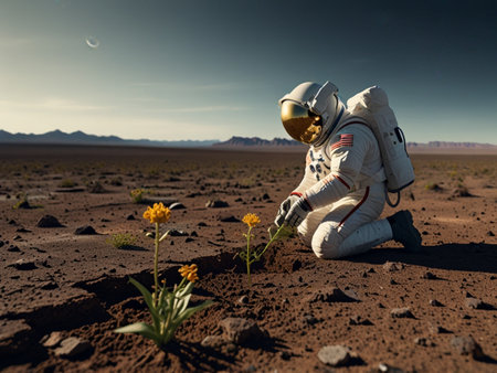 Astronaut sitting on the ground and looking at a flower in the desertの素材
