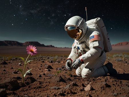 Astronaut sitting on the ground in the desert and holding a flowerの素材