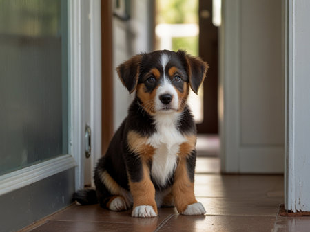 Portrait of an Australian Shepherd puppy sitting in front of a doorの素材