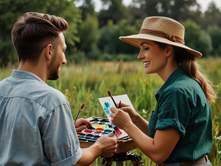 selective focus of happy young couple in hats painting with watercolors in fieldの素材