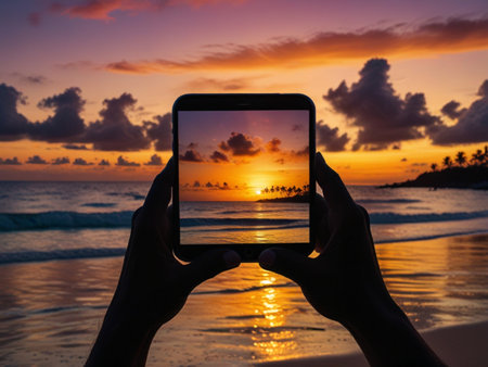 Taking photo on smart phone on the beach at beautiful sunset time.の素材