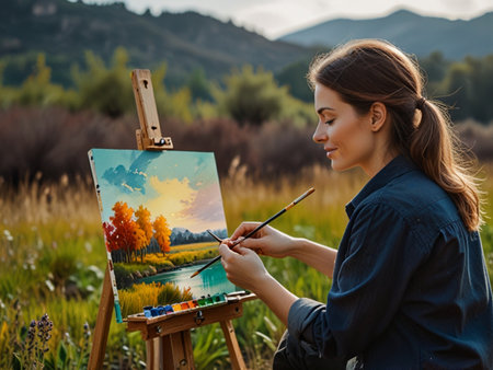 Beautiful woman artist painting on canvas in the field. Colorful landscape.の素材
