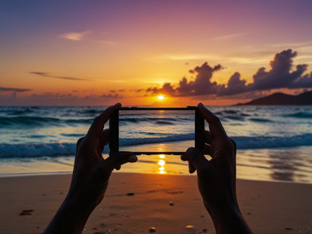Taking photo with smart phone on the beach at sunset, Thailand.の素材