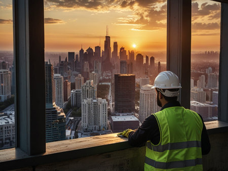 Construction worker in safety helmet and reflective vest is looking over the city of Chicago at sunset.の素材