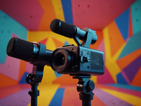 Professional digital video recording equipment on a tripod in front of colorful backgroundの素材