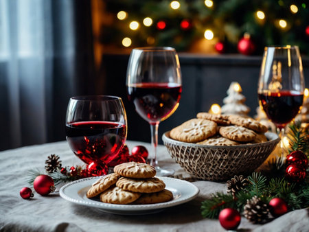Two glasses of red wine and cookies on the table with Christmas tree in the backgroundの素材