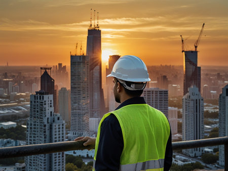 Rear view of a male engineer on a construction site at sunsetの素材