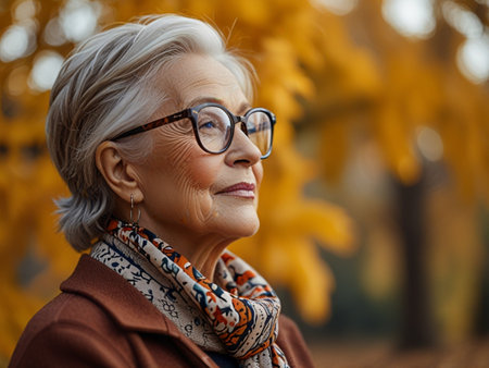 Close up portrait of smiling senior woman in eyeglasses in autumn parkの素材