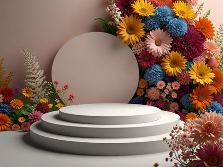 3d render, abstract minimal scene with round podiums and colorful flowersの素材