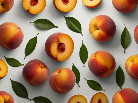 Composition with fresh ripe peaches on white background, top viewの素材