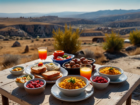 Healthy breakfast in the desert of Goreme, Cappadocia, Turkeyの素材