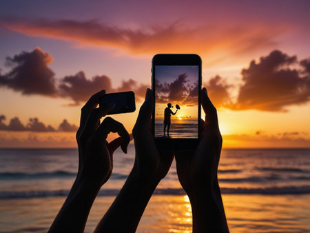 Silhouette of woman hands taking photo with smart phone on the beach at sunset.の素材