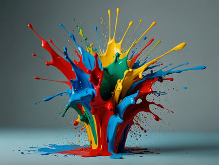 Colorful paint splashes isolated on gray background. 3d renderingの素材