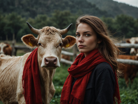 Portrait of a beautiful girl in a red scarf with cows.の素材