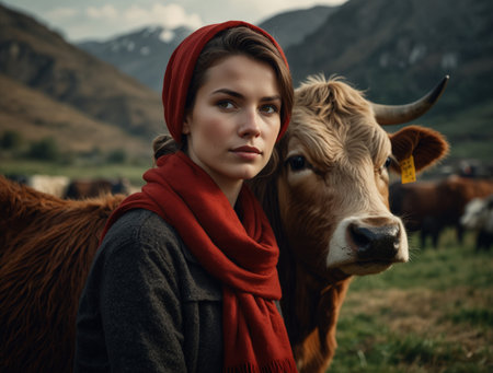 Beautiful young woman in a red scarf with a cow on the background of mountainsの素材