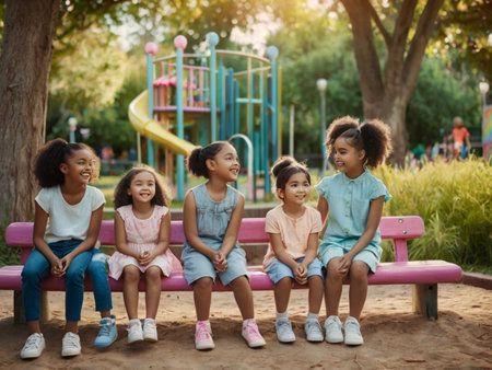 Group of little girls sitting on a bench in the park and smilingの素材