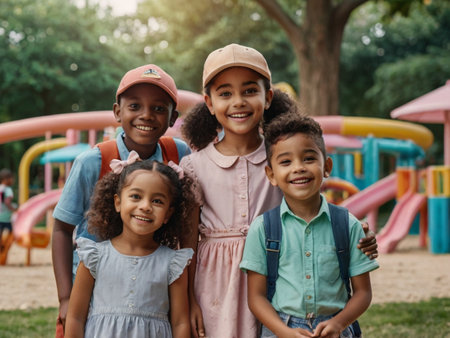 Portrait of smiling African American kids standing together at playgroundの素材