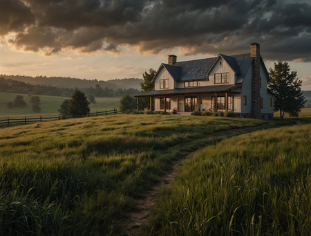 Abandoned house in the middle of a meadow at sunsetの素材