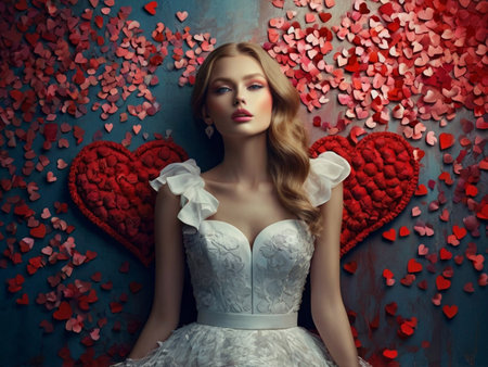Beautiful young bride sitting on the floor surrounded by red hearts.の素材