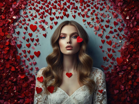 Portrait of a beautiful young woman with red hearts around her.の素材