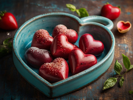 Heart-shaped red candies in a blue bowl. Selective focus.の素材